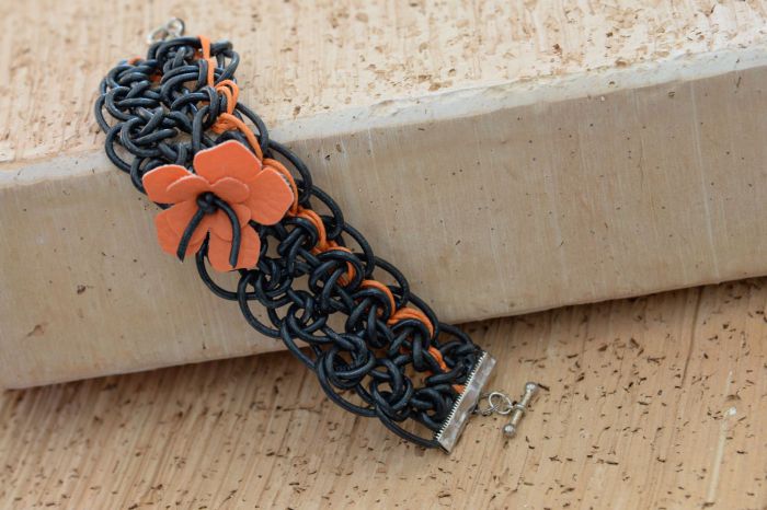 Crochet leather bracelet # 3111